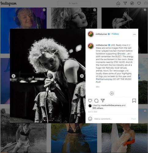 Millie Turner's Manchester Albert Hall gig on her Instagram page