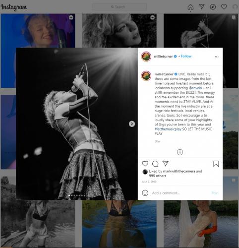 Millie Turner's Manchester Albert Hall gig on her Instagram page