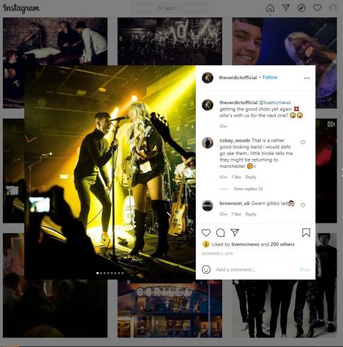 The Verdict's Manchester gig at Gorilla on their official Instagram page