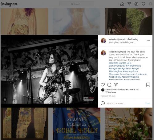 Isobel Holly live at the Deaf Institute featured on her Instagram page